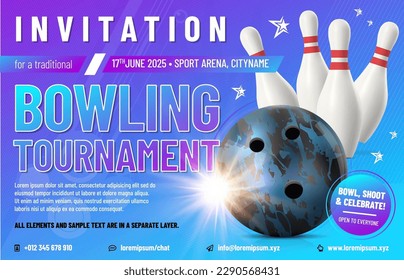 Invitation template with ball, pins and sample text in separate layer for your bowling tournament - vector illustration