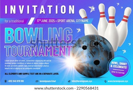 Invitation template with ball, pins and sample text in separate layer for your bowling tournament - vector illustration