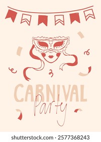 Invitation template, banner with hand drawn carnival masks for carnival party