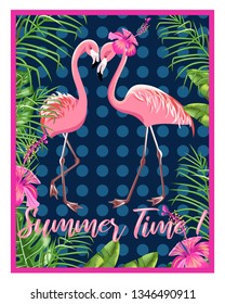 Invitation template for a beach party. Flamingo and tropical leaves.Poster. Vector.