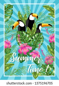 Invitation template for a beach party. Toucan bird and tropical leaves.Poster. Vector.