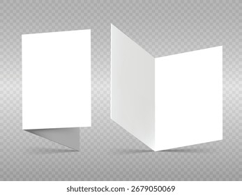 Modelo de convite. Folheto dobrado em branco, livreto, cartão postal, cartão de visita ou modelo de maquete brochura sobre fundo cinza. Folha A4 dobrada ao meio