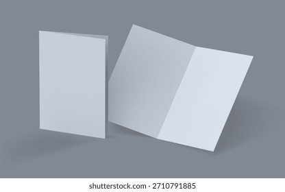Plantilla de invitación. Folleto doblado en blanco, folleto, postal, tarjeta de visita o Plantilla de maqueta de folleto sobre fondo gris. Hoja A4 doblada por la mitad