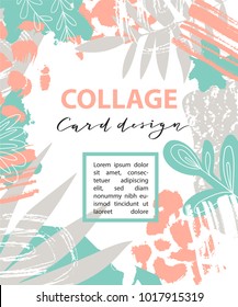Invitation template in blue and pink colors. Stylish universal abstract design. Collage card design with modern abstract spots and tropical leaves. Vector illustration.