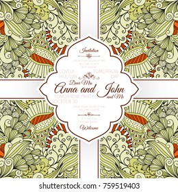 Invitation template card with beige and orange floral doodle pattern, vector illustration