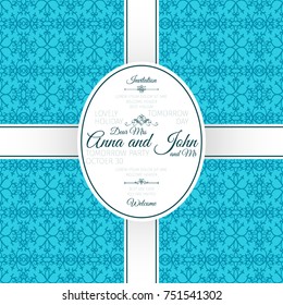 Invitation template card with blue arabic pattern, vector illustration
