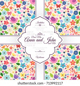 Invitation template card with cute spring love seamless pattern, vector illustration