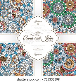 Invitation template card with doodle colored decorative floral pattern, vector illustration