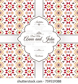 Invitation template card with geometric pattern in yellow and red colors, vector illustration