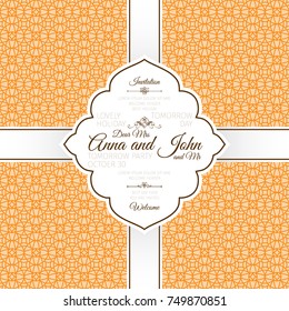 Invitation template card with orange vintage linear arabic style ornamental pattern, vector illustration