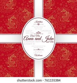Invitation template card with red koi fish pattern, vector illustration