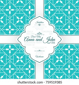 Invitation template card with vintage blue spanish pattern, vector illustration