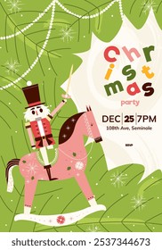 Plantilla de invitación para una fiesta de Navidad con un cascanueces. Una tarjeta de invitación con un personaje de cuento de hadas para unas vacaciones de invierno. La ilustración es en un estilo plano en colores verde y rosa.