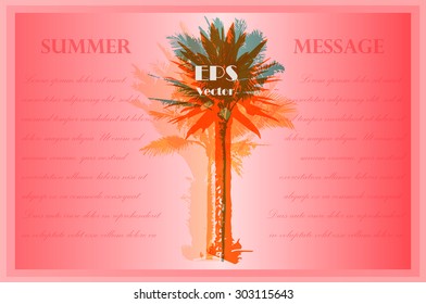 Invitation template. Colorful background with silhouette of palm trees on the beach. Tropical seasonal background for topics of travel, vacation and summer.