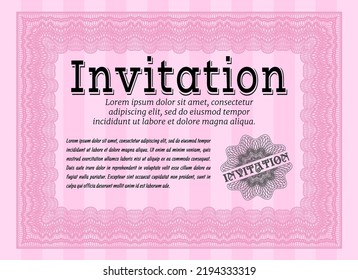 Invitation template. Cordial design. With complex linear background.   Pink color.