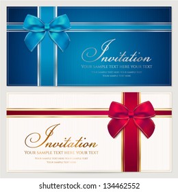 Invitation template with corrugated texture, border and bow (ribbons). Background design usable for gift card / voucher / coupon, certificate, ticket etc. Vector illustration in blue and red colors