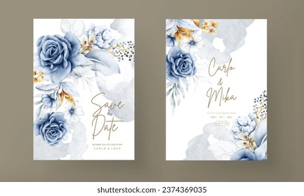 invitation template with elegant watercolor white blue roses