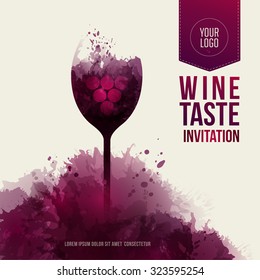 Invitation template for event or party. Suitable for tasting events or wine presentation. Artistic design background with stains. Vector