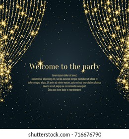 Invitation template for the event. Vector illustration. Background open curtain.