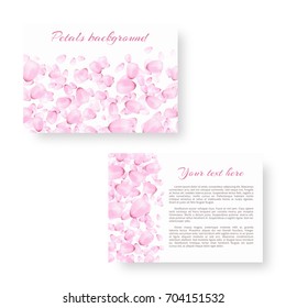 Invitation template with flying cherry petals on a white background.