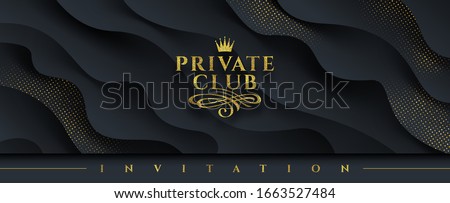 Invitation template. Glitter gold logo for Private club with crown and flourishes element on a black background with golden halftone. Can be used for invitation, greeting, flyer. Vector illustration. Stock photo © 