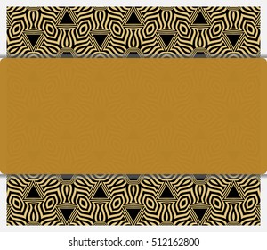 invitation template. gold geometric pattern on a black background. space for text. vector illustration. For design, wallpaper.