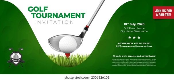 Invitation template for golf tournament. Golf ball, golf stick, green background and copy space for your text. Vector illustration.