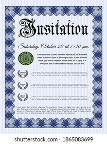 Invitation template. Good design. Easy to print. Detailed.  Blue color.