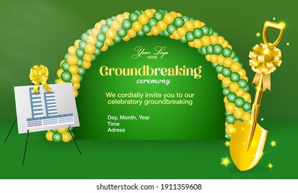 Invitation Template Of Groundbreaking Ceremony For State-of-the-art Building With Balloons Arch, Plan Of The Future Building, Golden Shovel Vector Illustration