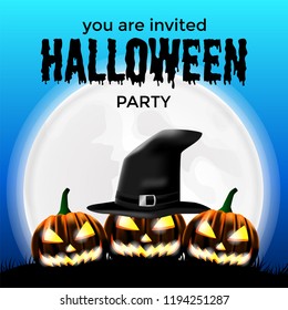 invitation template for Halloween party with jack o lantern pumpkin use wizard hat at the night. label poster flyer banner template for social media or web banner. vector illustration.