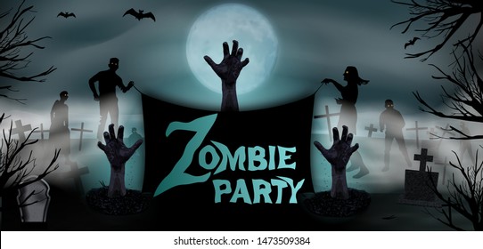 Invitation template Halloween Zombie party. Zombie hand rising from the grave at the graveyard with tombstones and moon In spooky night. Vector illustration.