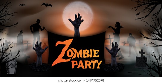 Invitation template Halloween Zombie party. Zombie hand rising out from the ground at the graveyard with tombstones and moon In spooky night. Vector illustration.