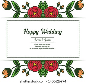 Invitation template happy wedding, beautiful color flower and leaves frame. Vector