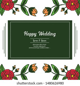 Invitation template happy wedding, beautiful shape flower frame. Vector