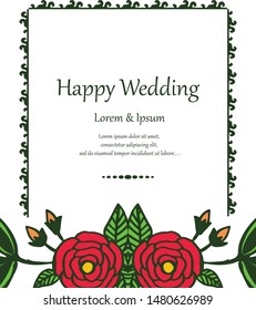 Invitation template happy wedding, beautiful shape flower frame. Vector