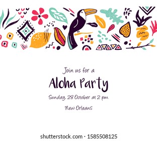 Invitation template, horizontal banner, greeting card with floral and ethnical elements. For baby shower, birthday celebration, party