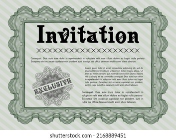 Invitation template. Money Pattern design. With guilloche pattern and background. Detailed.  Green color.