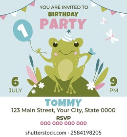 Invitation template on birthday  party with  cute frog. Vector illustration  for celebrating  first birthday.