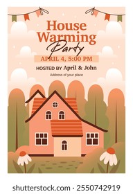 Invitation template on Housewarming Party. Cute vector illustration of cute house, cottage, resident building on nature background with forest, flowers, plants, garlands, text. Flat Design.