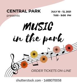Plantilla de invitación. Banner al aire libre del concierto de verano con notas musicales dibujadas a mano y flores de margarita. Afiche rosa para un evento del festival del parque. Ilustración vectorial. 