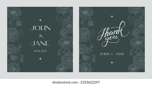 Invitation template with painted calendula flowers on a dark background.