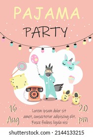 Invitation template for pajama party, unicorn in pajamas, surrounded by pajama party attributes, slippers, telephone, pillow, lollipop, air balloon, sleep mask, garland, vector, invitation, postcard.