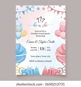 Invitation template with pink and blue baby elements for gender reveal party celebration, perfect for announcing boy or girl with cute decorations