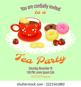 Invitation template with red cup of tea, lemon slices, strawberry and donuts for tea party on light green background