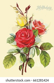 Invitation template with roses. Beautiful vintage greeting card with red rose. Floral background for congratulation design