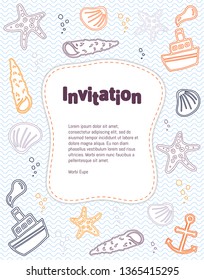 Invitation template with ships, shells, starfish and anchors. Vector design for print, poster