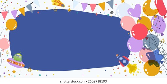 An invitation template for a space party. With colorful balloons, aliens, stars.