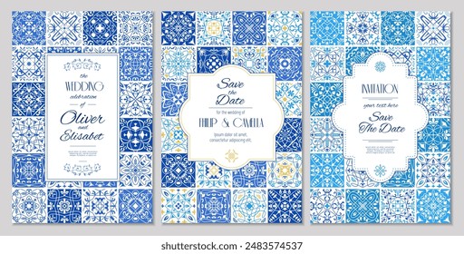 Invitation template. Stylized decorative backgrounds with portuguese tiles azulejos recent vector invitation with place for text