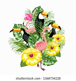 Invitation template for summer advertising. Toucan bird, tiger, flamingo and tropical leaves. Poster. Happy summer. Vector.