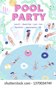 Einladung Vorlage für Sommerschwimmbecken-Party mit Menschen in Badeanzügen, Schwimmen und Sonnenbaden im Resort gekleidet. Flaches Vektorillustration-Illustration für saisonale Outdoor-Event-Ankündigung, Werbung.